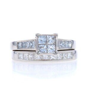 White Gold Diamond Cluster Engagement Ring & Wedding Band - 14k Princess 1.50ctw